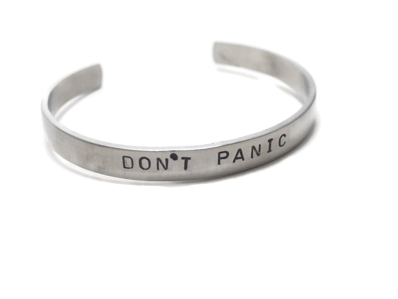 Don't Panic Customizable Hand Stamped Metal Cuff Bracelet image 2