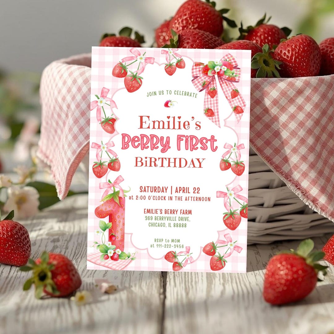 Editable Berry First Birthday Invitation Template, Strawberry 1st ...