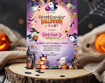May include: A Halloween party invitation with a purple and orange gradient background. The invitation features cartoon ghosts, bats, and pumpkins. Text includes "Spooktacular Halloween Party" and details for Sophie's 7th birthday.