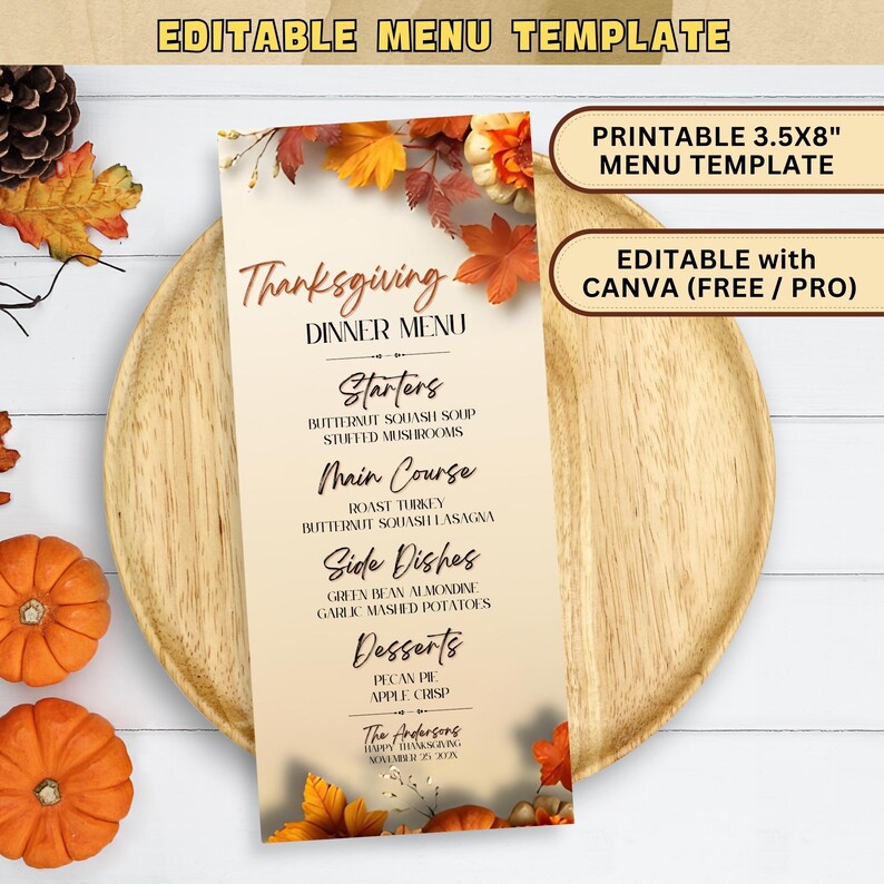 Menù della cena del Ringraziamento modificabile, Ringraziamento stampabile, Modello di menù del Ringraziamento, Menù del Ringraziamento modificabile, Modello di menù per la cena autunnale immagine 2