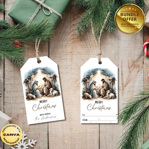 Bearbeitbarer Krippen-Weihnachtsanhänger, christliche Tags, Weihnachtsgeschenkanhänger druckbar, bearbeitbare Tags sofort Download, Weihnachtsgeschenkanhänger