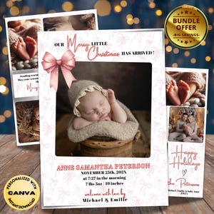 Tarjeta fotográfica editable con anuncio de nacimiento de niña con lazo rosa, tarjeta fotográfica para recién nacida, tarjeta fotográfica navideña para bebé, anuncio digital de niña