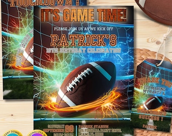 May include: Football-themed birthday party invitation with a brown football, lightning bolts, and the text "It's Game Time!" and "Patrick's 10th Birthday Celebration." Includes a thank you tag and a football.