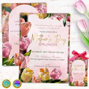 5x7 inch Editable Mother's Day Brunch Invitation with optional back design and matching 2x3.5 inch thank you tag