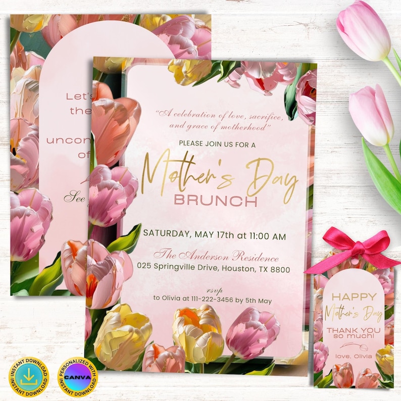 5x7 inch Editable Mother's Day Brunch Invitation with optional back design and matching 2x3.5 inch thank you tag
