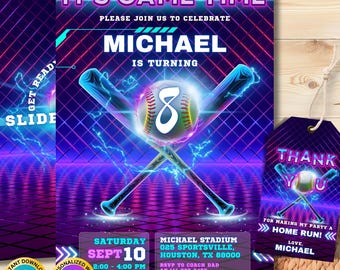 May include: A digital birthday invitation with a neon 80s theme. The invitation features a baseball and bats crossed over each other with a neon pink and blue background. The text on the invitation reads "It's Game Time" and "Michael is turning 8". The invitation also includes the date and time of the party, the location, and RSVP information.