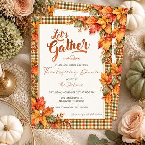 May include: A rectangular Thanksgiving dinner invitation card featuring a green and orange plaid border decorated with autumn maple leaves and berries. The text reads Let's Gather, Please join us for a blessed Thanksgiving Dinner, hosted by The Jacksons, Saturday, November 25th at 6:00 PM, 222 Harvestville, Nashville, TN 88888, RSVP to Maggie at 111-222-3456, Please bring a side dish to share.