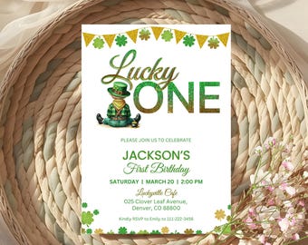 Lucky One First Birthday Invite, St Patricks Birthday, Boy 1st Birthday Invitations, Editable Canva Templates, Birthday Invitation