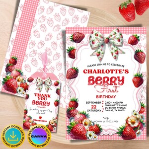 Editable Berry First Birthday Invitation, Strawberry 1st Birthday, Strawberry Invite, Berry First Birthday, Baby 1st Birthday