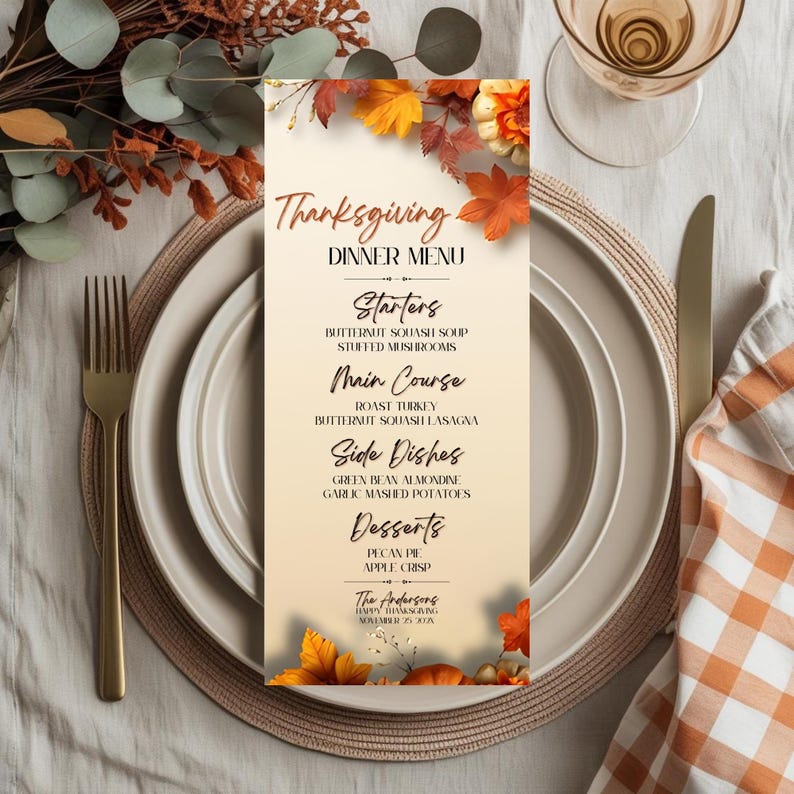 Menù della cena del Ringraziamento modificabile, Ringraziamento stampabile, Modello di menù del Ringraziamento, Menù del Ringraziamento modificabile, Modello di menù per la cena autunnale immagine 6