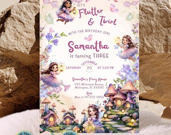 Editable Flutter and Twirl Fairy Birthday Invitation, Canva Template, Fairy Party Invite, Fairy Invitation Girls, Instant Download