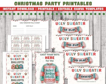 Ugly Sweater Christmas Party Printables, Canva Template (Instant Download)