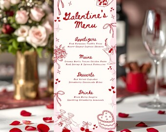 Modello di menu Galentine disegnato a mano modificabile, modelli Canva per San Valentino, segnaposto Galentine, menu stampabile, download immediato