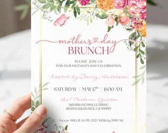 Floral Mothers Day Brunch Invitation, Editable Canva Template, Garden Tea Party Invite, Spring Invitations, Printable 5x7 Card