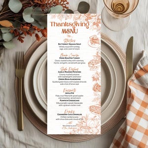 May include: A vertical Thanksgiving menu card featuring copper-coloured text and line art illustrations of autumn leaves, pies, and pumpkins. The menu lists starters, main course, side dishes, desserts, and drinks with a date at the bottom.