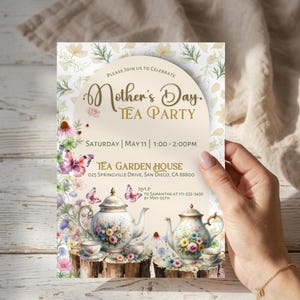 Mother’s Day Tea Party Invitation Template, Floral Tea Party Invites, Brunch Party Invitation Editable Printable Download, Canva Template