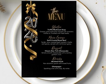 Modello di menu di Capodanno modificabile, cartello del menu stampabile 5x7, decorazioni per la tavola di Capodanno, modello di menu Canva, download immediato