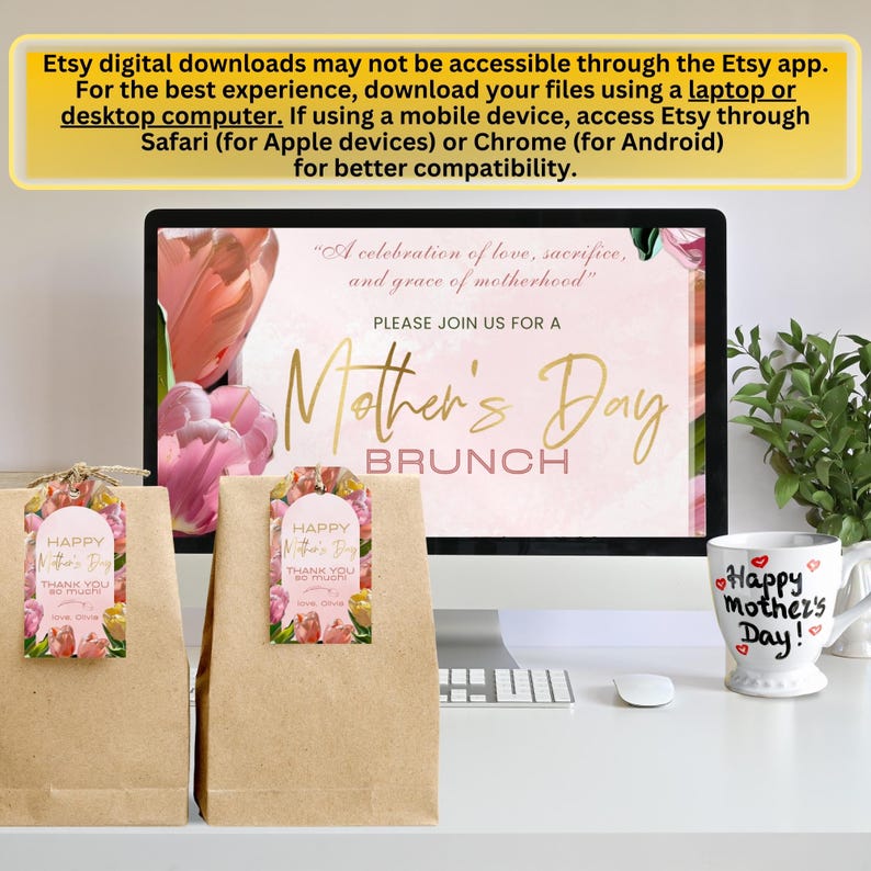 May include: Two brown paper bags with pink and green floral gift tags that say "Happy Mother's Day Thank You". A computer screen shows a pink and white floral design with the text "Please Join Us For A Mother's Day Brunch". A white mug with red hearts says "Happy Mother's Day!"