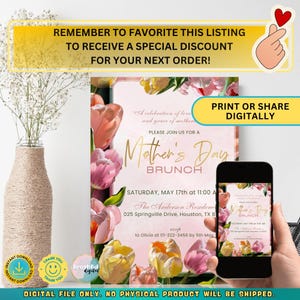 May include: A printable Mother's Day brunch invitation with a pink and yellow floral design. The invitation features the text "Mother's Day Brunch" in gold lettering and includes the date, time, and location of the event. The text "Print or Share Digitally" is also included.