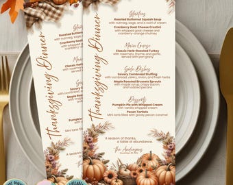 Modello di menu del Ringraziamento modificabile, modello di menu elegante, cena del Ringraziamento tra amici, modello cottagecore, menu stampabile, download immediato
