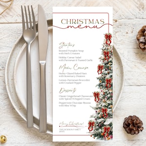 May include: A Christmas menu card with a festive design. The menu features a Christmas tree illustration adorned with red bows. The menu includes starters, main courses, and desserts. Silverware and a plate are in the foreground.