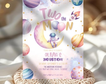 Editable Two the Moon Birthday Invites, Two the Moon Birthday Invitation, Space Birthday Invitation, Girl 2nd Birthday, Instant Download
