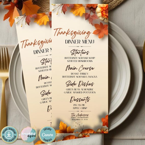 Editable Thanksgiving Dinner Menu, Printable Thanksgiving, Thanksgiving Menu Template, Thanksgiving Menu Editable, Fall Dinner Menu Template