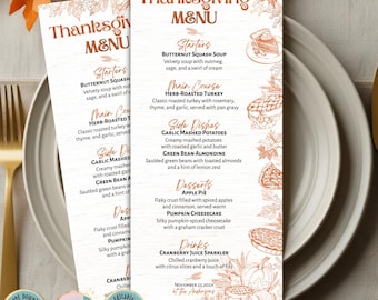 Editable Thanksgiving Dinner Menu Template, Elegant Fall Dinner Menu, Printable Rustic Terracotta Menu Cards, Menu, Instant Download