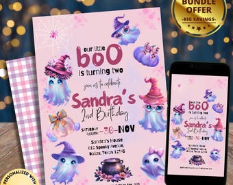 Redigerbar inbjudan till Halloweenfest för vår lilla Bu, söt spökinbjudan, söt Bu-spöke, rosa Halloween-födelsedag, Halloween-födelsedagsinbjudan