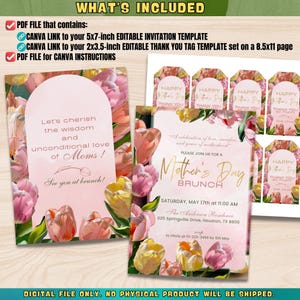 May include: A printable Mother's Day brunch invitation with a pink and yellow floral design. The invitation includes the text "Let's cherish the wisdom and unconditional love of Moms!" and "See you at brunch!" The invitation also includes the text "Mother's Day Brunch" and the date and time of the event. The invitation is decorated with a pink and yellow floral design.