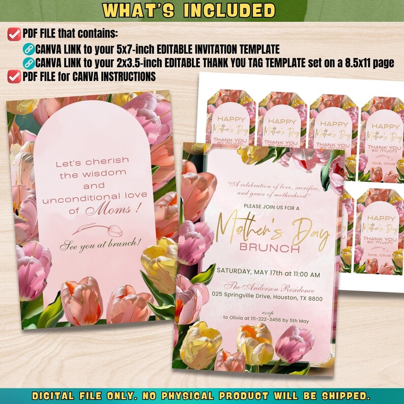 May include: A printable Mother's Day brunch invitation with a pink and yellow floral design. The invitation includes the text "Let's cherish the wisdom and unconditional love of Moms!" and "See you at brunch!" The invitation also includes the text "Mother's Day Brunch" and the date and time of the event. The invitation is decorated with a pink and yellow floral design.