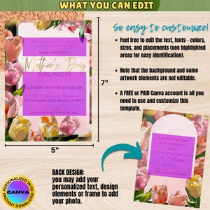 May include: A printable Mother's Day brunch invitation template featuring a pink and purple floral design with tulips. The invitation includes the text "Please join us for a Mother's Day Brunch" and details for the event. The template is customizable using Canva.