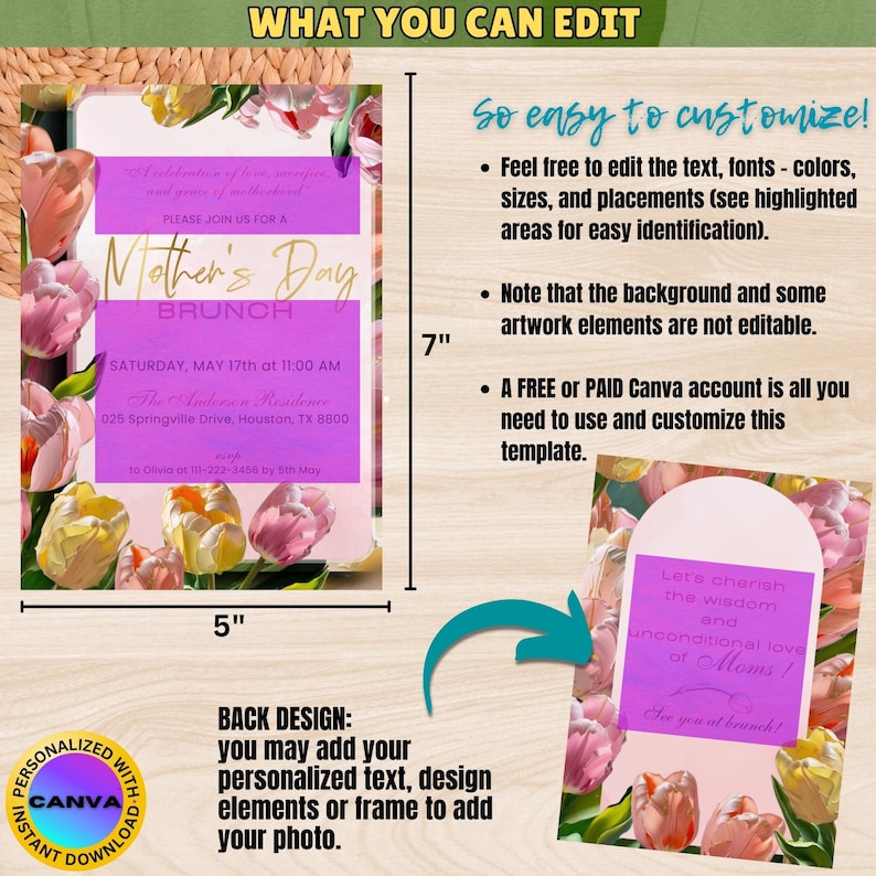 May include: A printable Mother's Day brunch invitation template featuring a pink and purple floral design with tulips. The invitation includes the text "Please join us for a Mother's Day Brunch" and details for the event. The template is customizable using Canva.