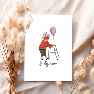 Witzige Postkarte "Party Hard" mit alter Dame & Rollator – Goldveredelt, A6, 250g Papier