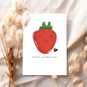 Carte postale douce « Tu es indispensable » avec fraise – finition dorée, format A6, papier 250 g