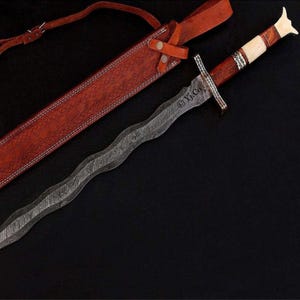 Hand Forged, Custom Damascus Steel Sword 33 inches, Kris Blade, Keri Flamberge Swords, With Sheath, Sabre Cutlass. Birthday Gifts For Father