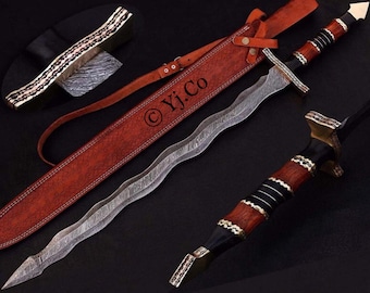 Hand Forged, Custom Damascus Steel Sword 32 inches, Kris Blade, Keri Flamberge Sword, Full Tang, With Sheath, Birthday Gifts For Father