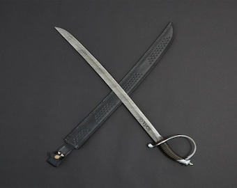 Custom Hand Forged, Damascus Steel Cutlass Sword 32 inches, Pirate Sword, Cavalry Saber Sword, With Sheath, Gifts For Him, Gifts For Her