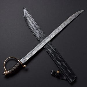 Custom Hand Forged, Damascus Steel Cutlass Sword 32 inches, Pirate Sword, Cavalry Saber Sword, With Sheath, Gifts For Him, Gifts For Her