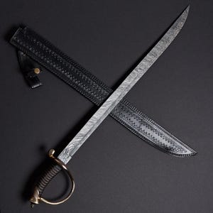 Custom Hand Forged, Damascus Steel Cutlass Sword 32 inches, Pirate Sword, Cavalry Saber Sword, With Sheath, Gifts For Him, Gifts For Her image 5