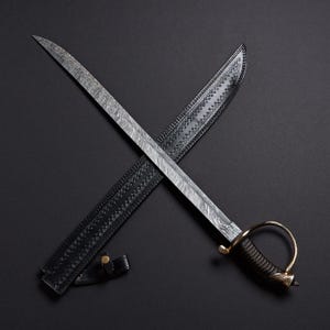 Custom Hand Forged, Damascus Steel Cutlass Sword 32 inches, Pirate Sword, Cavalry Saber Sword, With Sheath, Gifts For Him, Gifts For Her Cutlass Gold
