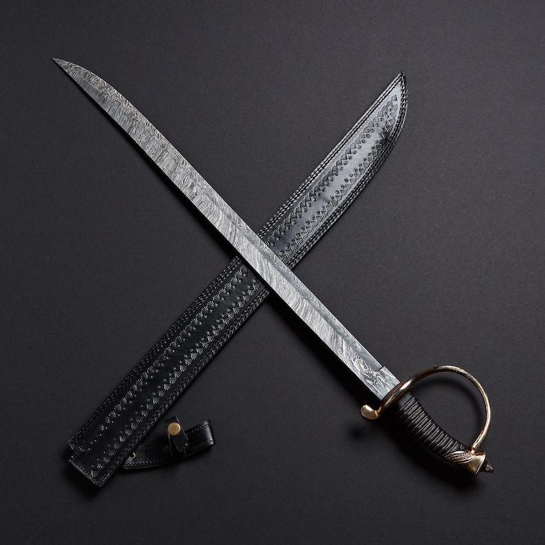 Custom Hand Forged, Damascus Steel Cutlass Sword 32 inches, Pirate Sword, Cavalry Saber Sword, With Sheath, Gifts For Him, Gifts For Her Cutlass Gold