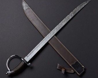 Custom Hand Forged, Damascus Steel Cutlass Sword 32 inches, Pirate Sword, Cavalry Saber Sword, With Sheath, Gifts For Him, Gifts For Her