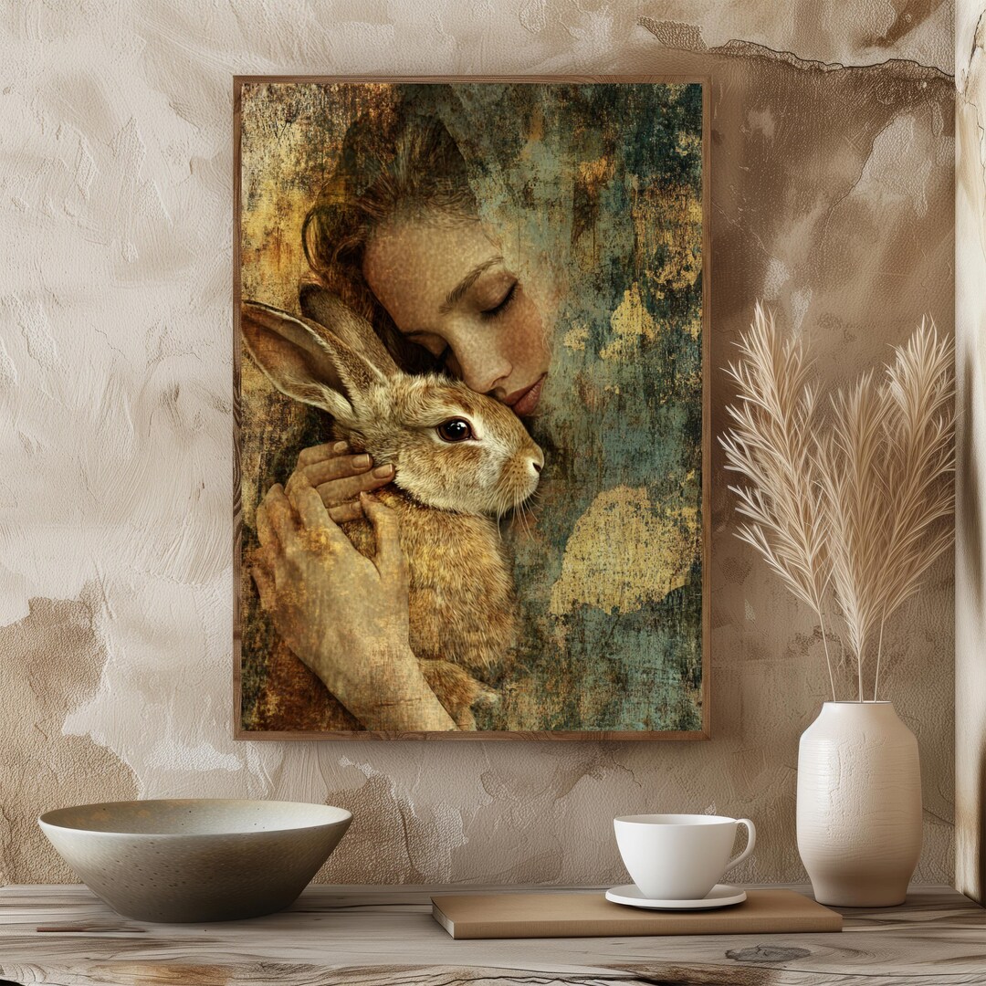Lady With Rabbit Vintage-style Woman and Rabbit Digital Printable Wall Art, Rabbit Lover ...
