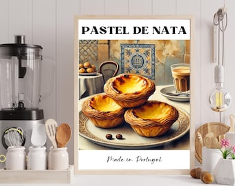 May include: A poster featuring a painting of three pastel de nata pastries on a plate, accompanied by a cup of coffee and saucer. The poster includes the text "Pastel de Nata" and "Made in Portugal".