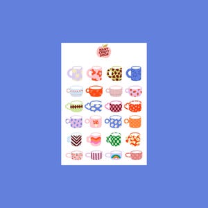 Planche stickers mugs à motifs A6 - Autocollants de journaling, scrapbooking, junk journal, bullet journal - stickers, cute