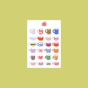 Feuille d'autocollants mugs à motifs A6 - Autocollants de journal, scrapbooking, junk journal, bullet journal - stickers, cute