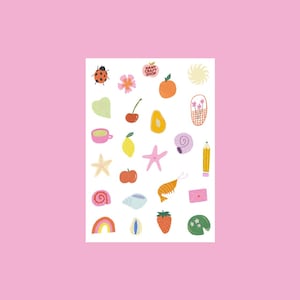 Hoja de pegatinas A6 con dibujos de verano - Pegatinas para diario, scrapbooking, diario basura, bullet journal - Pegatinas bonitas