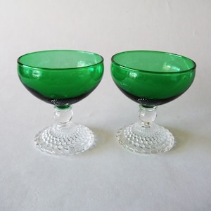 Anchor Hocking Emerald Green Bubble Foot Champagne / Tall Sherbet Glasses, Vintage Set of 2