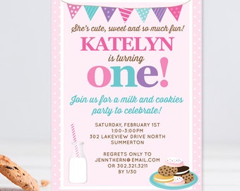 May include: A clear glass milk bottle and chocolate chip cookies are next to a pink invitation. The invitation reads "Katelyn is turning one!" and includes party details. The cookies are brown and the invitation has a polka dot background.